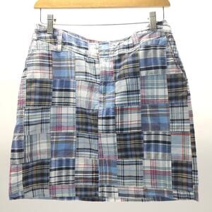 Y2K Merona Madras Mini Skirt 6 Blue Plaid Patchwork Pockets Preppy Beach Resort